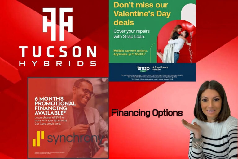 Tucson Hybrids promotional graphic featuring the shop logo on a red background, highlighting financing options including Snap Finance with approvals up to $5,000 and no money down, Synchrony Car Care credit card with 6 months promotional financing on purchases of $199 or more, and a smiling woman presenting financing deals.