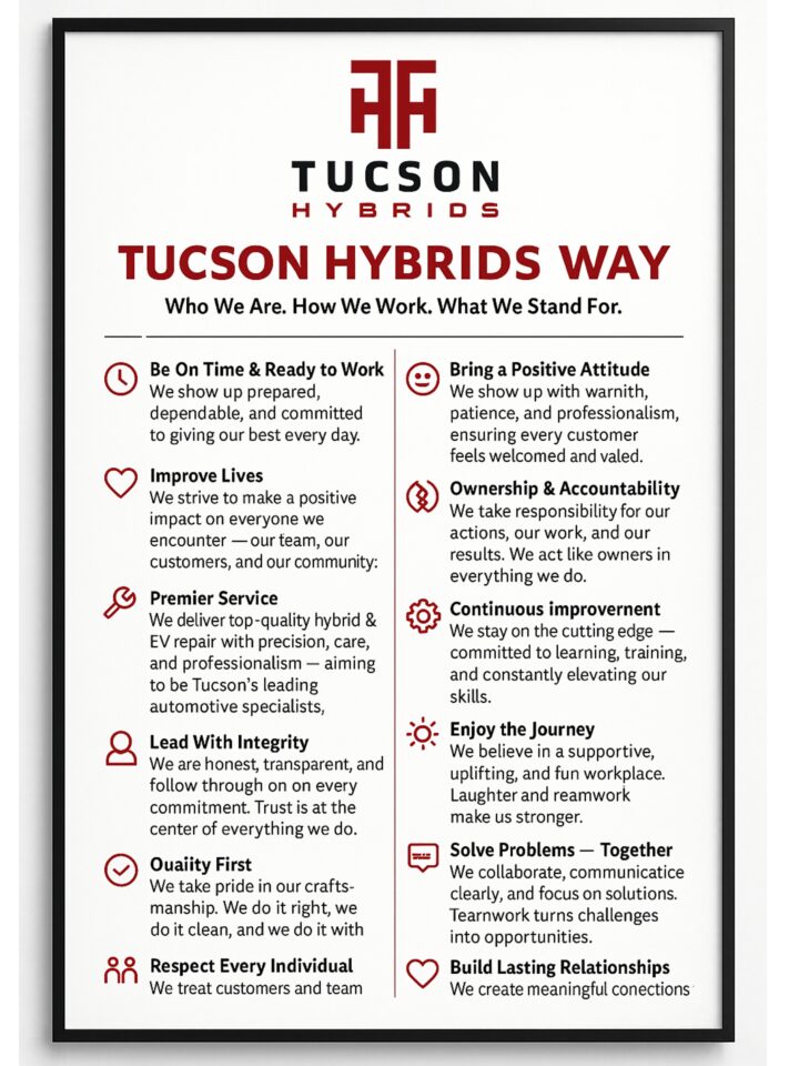 Tucson Hybrids Way - core values and mission statement for hybrid and EV auto repair shop in Tucson, AZ